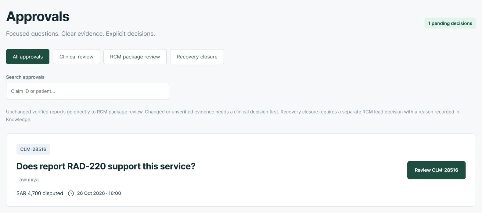 Approvals screen: a clinician is asked whether radiology report RAD-220 supports the billed service